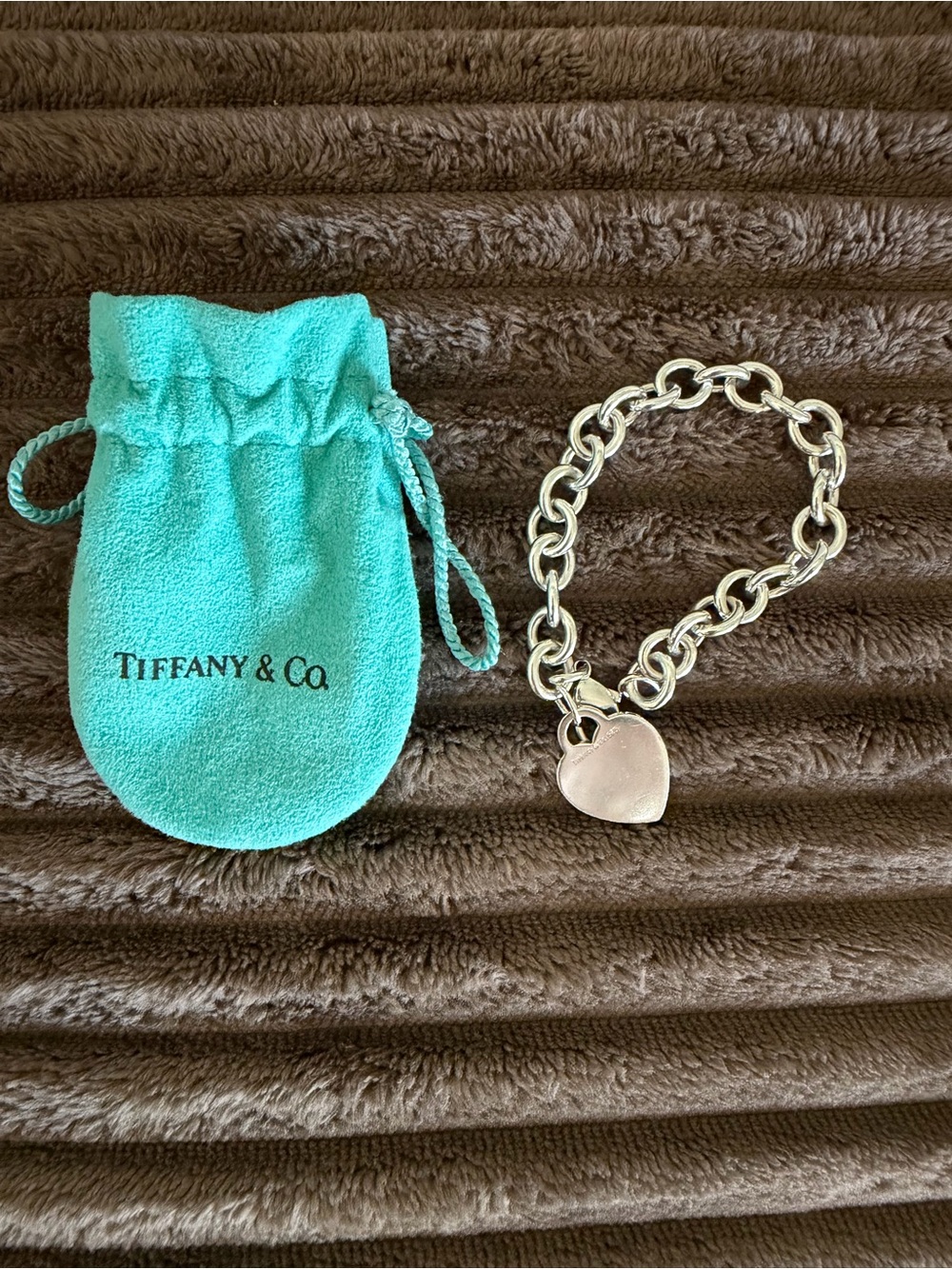Tiffany & Co. Silver Link Bracelet with Heart Tag and Blue Pouch